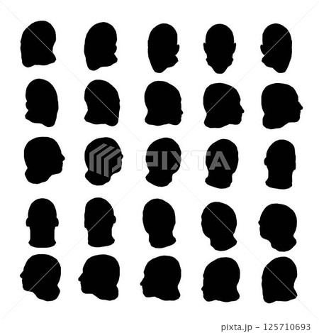 Set with silhouette of male head from different sides isolated on white background. Isometric view. Vector illustration. 125710693
