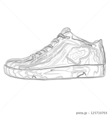 Black and white contour vector illustration of shoes. Sneakers, unisex, outline sneakers. Side view. Vector illustration. 125710703