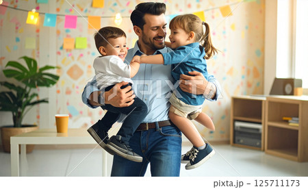 Fathers Day illustration, cartoon dad dancing with kids under disco lights 125711173