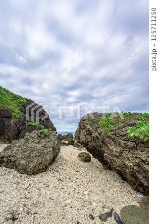 干潮の風景 曇天の下に広がる石垣島の静かな海辺 干潮の風景 曇天の下に広がる石垣島の静かな海辺 125711250