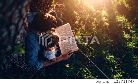 Dad and daughter reading a book together under a tree. Generated image 125711747
