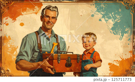Father holding a toolbox and child beside him. Fathers Day illustration.  125711773