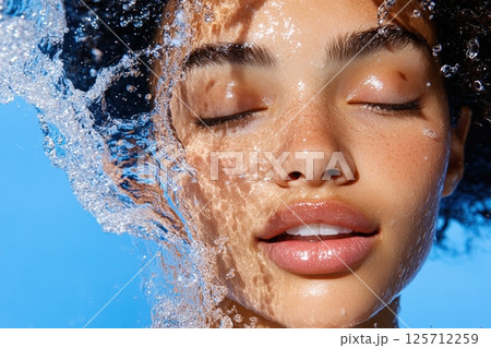 Close up Portrait of Radiant Woman with Glowing Hydrated Skin 125712259
