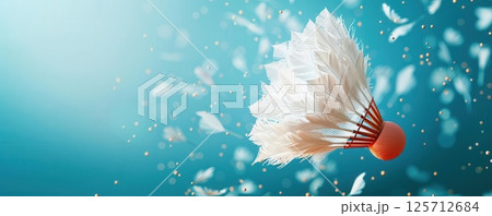 A detailed 3D model of a badminton shuttlecock with white feathers and a red tip, against a clean blue background, realistic, intricate details 125712684