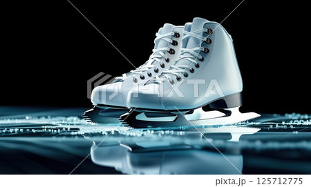 Pair of white figure skates on ice, reflecting light. 125712775