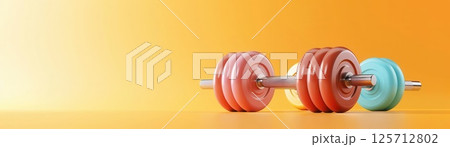 Red and blue dumbbell on wooden floor with out of focus yellow balls 125712802