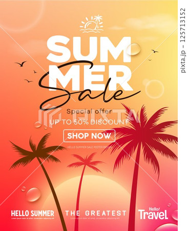 Summer sale, coconut tree silhouette, water drop and sunset on orange background 125713152