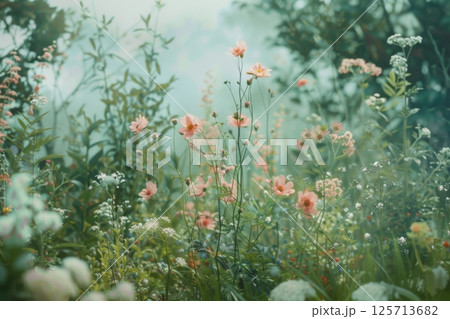 A painting of a field of flowers with a bright sun shining down on it 125713682