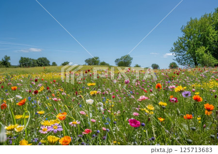 A field of flowers with a blue sky in the background 125713683