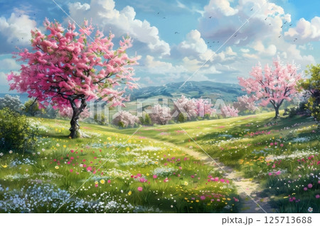 A painting of a garden with a path and flowers A painting of a garden with a path and flowers 125713688