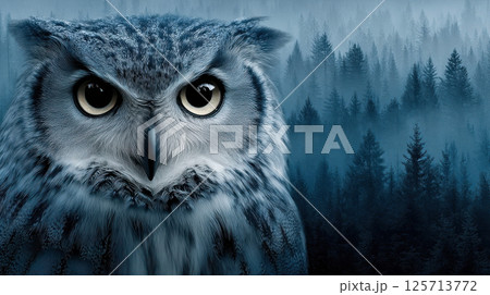 Owl with crystal clear eyes in misty forest, intense gaze, detailed feathers, mysterious mood 125713772