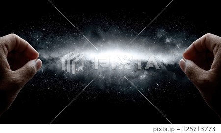 Hand holding blank glowing screen space white galaxy Two hands holding glowing blank screen Hand holding blank glowing screen space white galaxy Two hands holding glowing blank screen 125713773