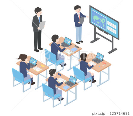 タブレットや電子黒板を活用して授業をしているイラスト 125714651