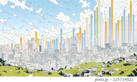 様々なチャートや数値表など様々な計量指標がランダムに空間に散りばめられた背景