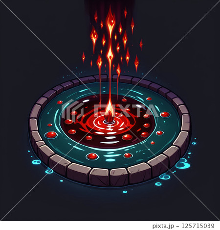 Eerie portal swirling with red and blue hues, emitting fiery sparks, surrounded by stone bricks, creating a mysterious magical atmosphere in a dark setting. Eerie portal swirling with red and blue hues, emitting fiery sparks, surrounded by stone bricks, creating a mysterious magical atmosphere in a dark setting. 125715039