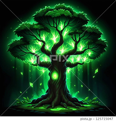 Glowing enchanted tree with bright green leaves surrounded by mystical lights in a dark forest creating an ethereal and magical atmosphere evokes wonder and nature's beauty. 125715047