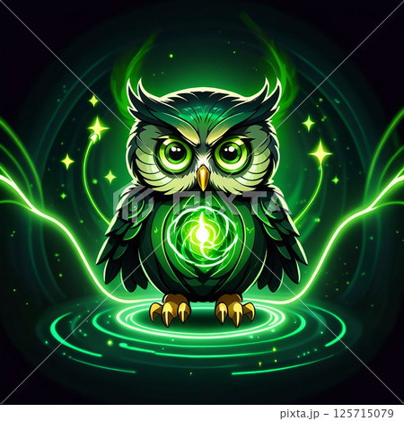 Radiant green owl with glowing eyes perched in the center of a mystical energy swirl on a dark background surrounded by sparkling orbs and light effects emanating from its body. 125715079