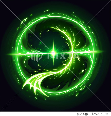 Glowing green circular symbol with swirling patterns and bright star at the center against a dark background, creating an ethereal and mystical atmosphere. 125715086