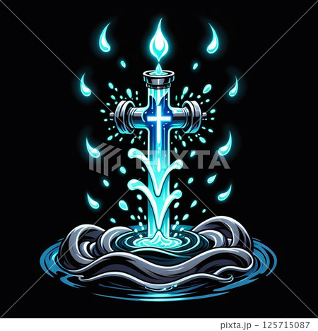Glowing blue cross with water splashing around, illuminated droplets, dark background, artistic representation of faith and spirituality, intricate details, and vibrant colors. 125715087