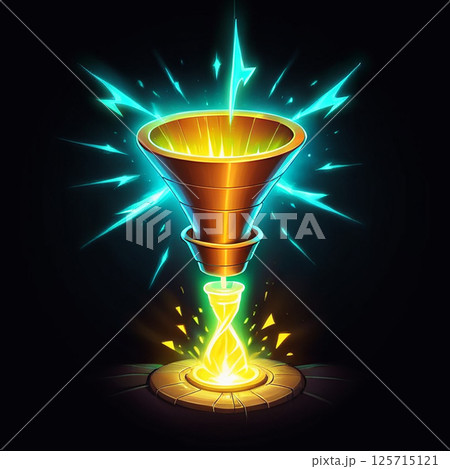 Glowing mystical chalice surrounded by vibrant energy and lightning bolts emanating from its base, set against a dark backdrop, creating an enchanting and powerful atmosphere. 125715121