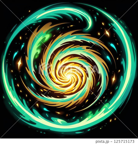 Vibrant swirling vortex of turquoise and golden energy with radiant specks set against a dark background, creating a dynamic and mesmerizing visual effect. 125715173
