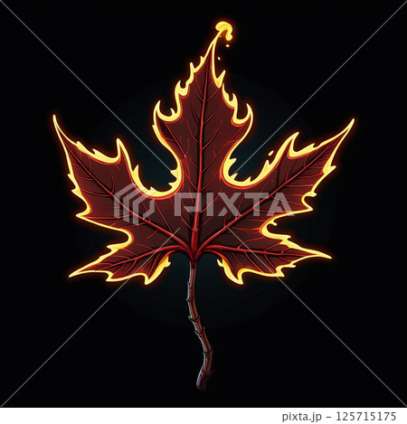 Illuminated maple leaf with vibrant red and orange hues against a dark background, highlighting intricate details and glowing edges, creating a striking autumn visual. 125715175