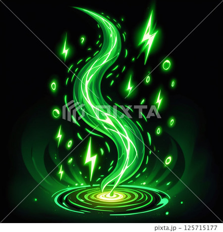 Spiraling green energy swirl surrounded by glowing lightning bolts and dynamic light particles bringing an enchanting and mystical visual effect on a dark background. 125715177