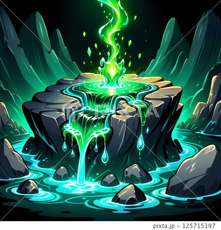 Radiant green energy emanating from a mystical stone formation surrounded by flowing water and glowing droplets in a dark fantasy setting. Radiant green energy emanating from a mystical stone formation surrounded by flowing water and glowing droplets in a dark fantasy setting. 125715197
