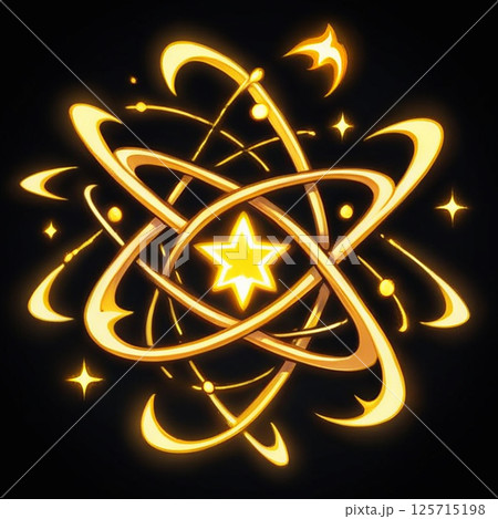 Golden atom symbol with swirling orbits and glowing stars on a black background, representing energy and science in a visually captivating manner. Golden atom symbol with swirling orbits and glowing stars on a black background, representing energy and science in a visually captivating manner. 125715198