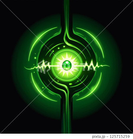 Bright green energy swirl with futuristic design on a dark background radiating light and mystery creating an eye-catching visual effect in a digital art style. 125715259