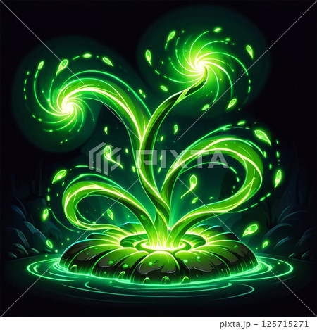 Luminous green plant spiraling from a water surface surrounded by glowing droplets and a dark background, evoking a magical and mystical atmosphere of nature. 125715271