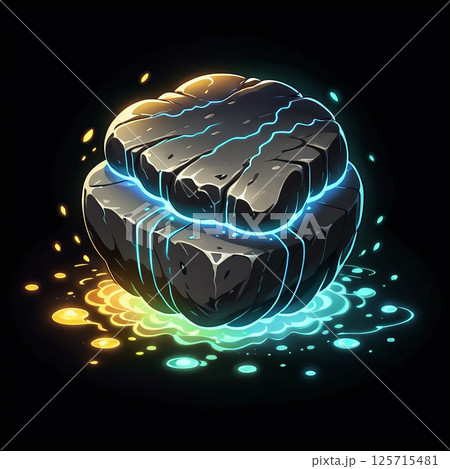 Glowing mystical rock with vibrant blue and orange light effects emitting from its surface against a dark background in an imaginative fantasy style. 125715481