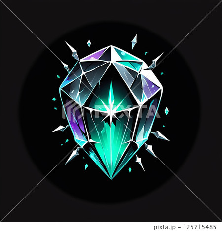 Glowing crystal gem with intricate facets surrounded by sparkling shards radiating magical energy and a mystical aura against a dark background. 125715485