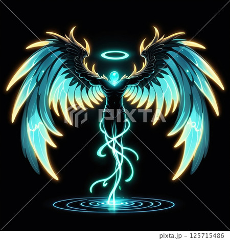 Glowing angel with luminous wings surrounded by swirling energy in a dark backdrop, ethereal figure rising with a halo above and light trails emanating from its form. 125715486