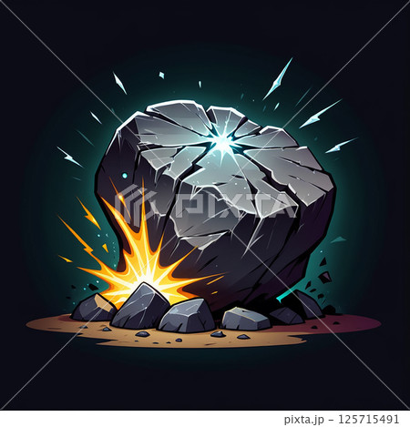Cracked rock exploding with sparks and shards in a vibrant design against a dark background, illuminating the surrounding stones and creating dynamic energy effects. 125715491