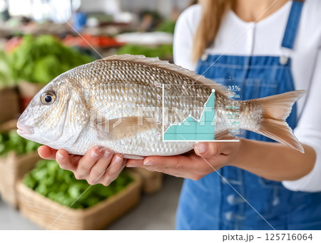 海産物売り上げチャートと魚を見せる漁師のイメージ素材 海産物売り上げチャートと魚を見せる漁師のイメージ素材 125716064