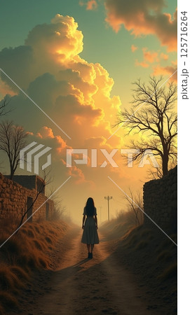 夕暮れの空と一人の女性 夕暮れの空と一人の女性 125716264