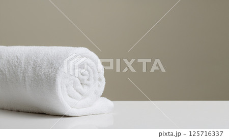 Single Rolled White Towel on White Surface 125716337