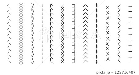 Stitch sewing machine, embroidery stitch border line zig zag hatch. Geometric fabric needlework, thread sew brushes, sewing seams.  125716407