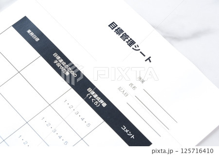 個人やチームの達成目標を明確に定義し、進捗状況を追跡するためのツールである「目標管理シート」 125716410