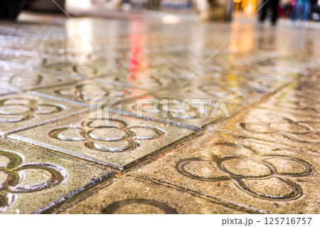 Wet pavement tiles with modernist flower design on a rainy day 125716757