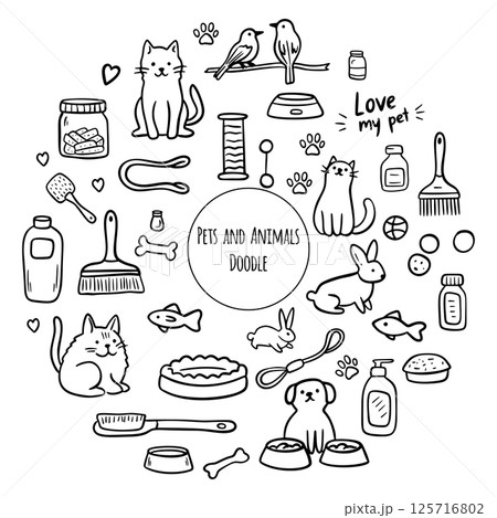 Hand drawn set of dog and pet accessories elements: bone, food, leash. Pet care. Doodle sketch style illustration. 125716802