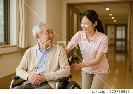 介護施設で笑顔で車椅子を押す若い女性介護士 125716938