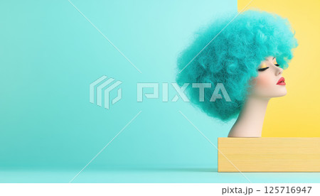 vibrant mannequin head with bold teal curly wig against bright yellow and turquoise background, showcasing playful and artistic style 125716947