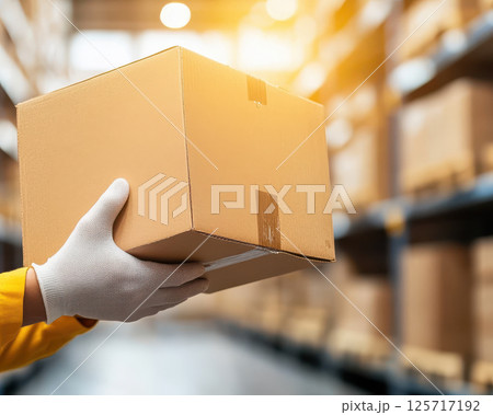 warehouse worker in protective gloves holds cardboard box, showcasing safety and efficiency in storage environment. warm lighting enhances industrious atmosphere 125717192