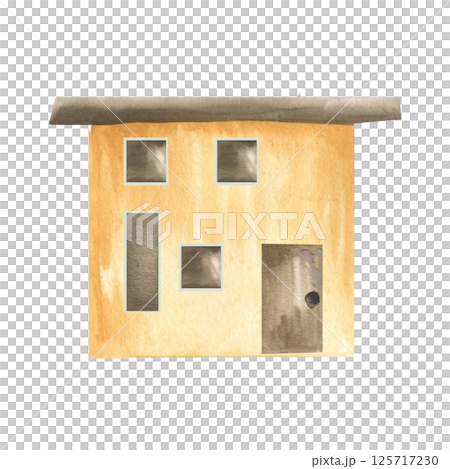 Yellow cute building with brown foof,door and windows. Hand drawn cottage clipart, summer village painting for card,wallpaper, poster design 125717230