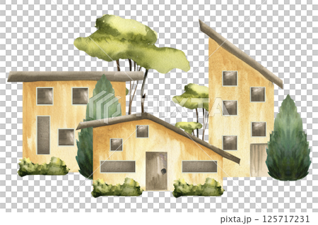 Cottage houses composition with yellow tiny building in greenery watercolor illustration. Hand drawn countryside village landscape clipart for poster, travel card design 125717231