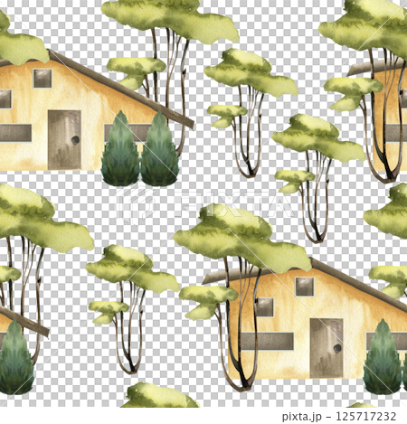 Summer cottage seamless pattern with pastel yellow houses and green trees watercolor illustration. Hand drawn village building background, European houses clipart for wallpaper,textile, fabric design 125717232