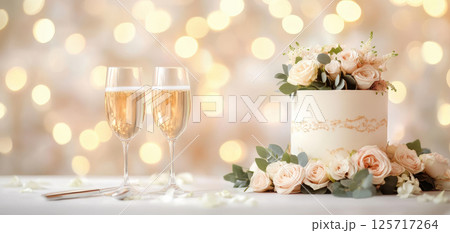 Elegant wedding reception with champagne glasses and floral cake centerpiece, creating romantic atmosphere with soft bokeh lights in background 125717264