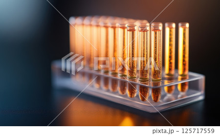 Test tubes filled with liquid in precision rack, illuminated with clean lighting, create striking visual effect. arrangement showcases scientific precision and clarity 125717559